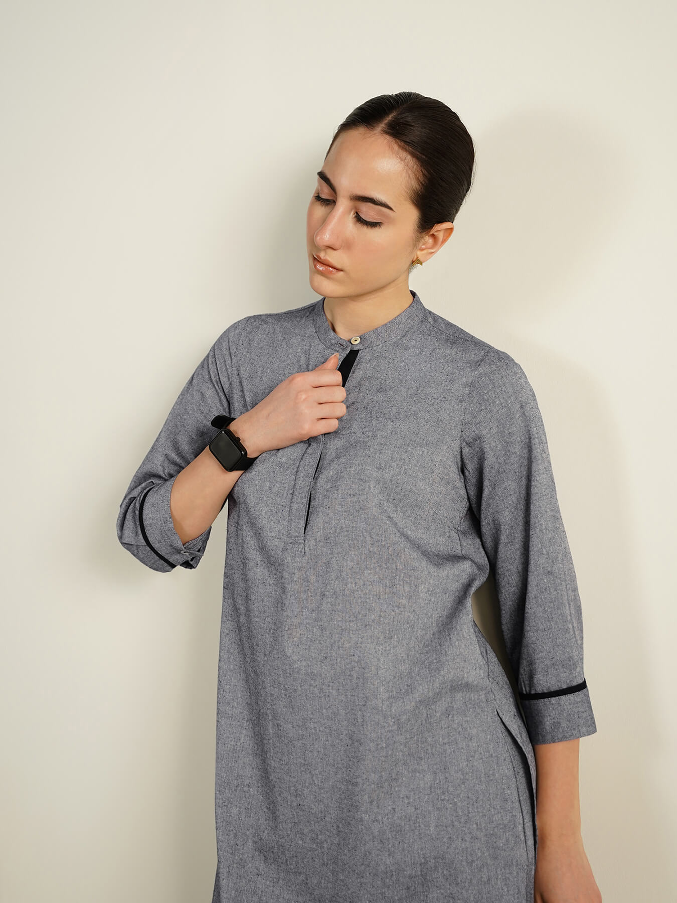 Cotton Woven Design Mandarin Collar Co-Ord Set - Grey