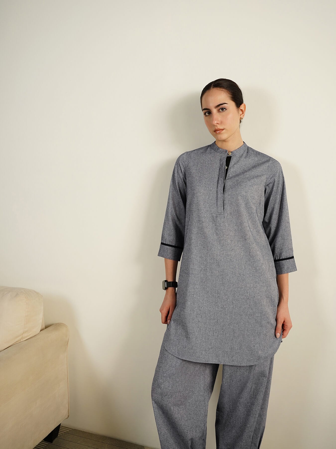 Cotton Woven Design Mandarin Collar Co-Ord Set - Grey