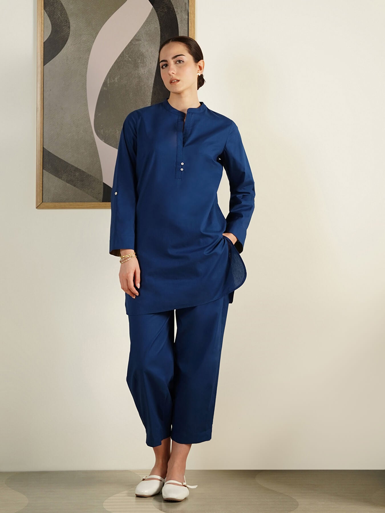 Cotton Solid Regular Fit Co-Ord Set - Blue