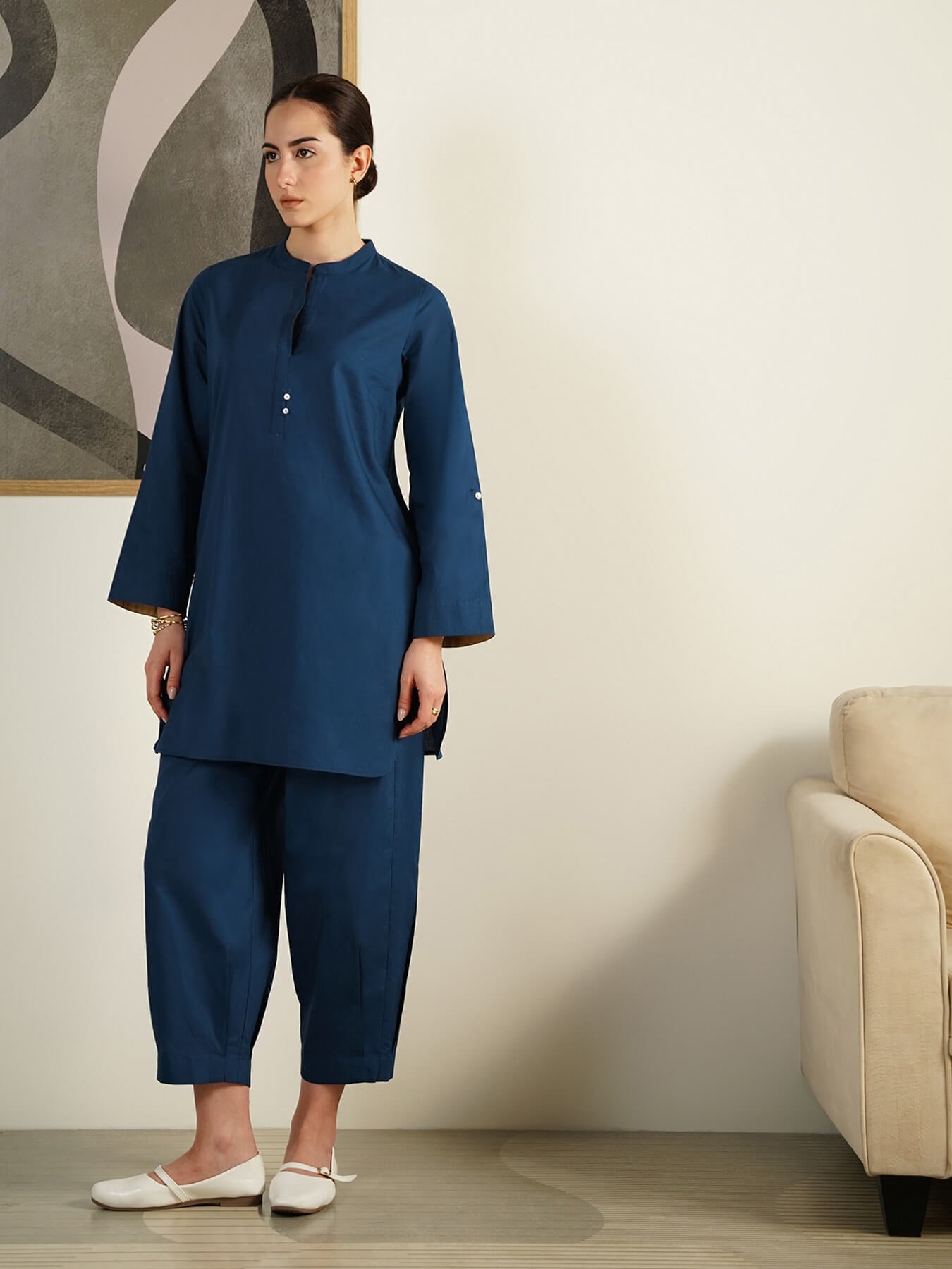 Cotton Solid Regular Fit Co-Ord Set - Blue
