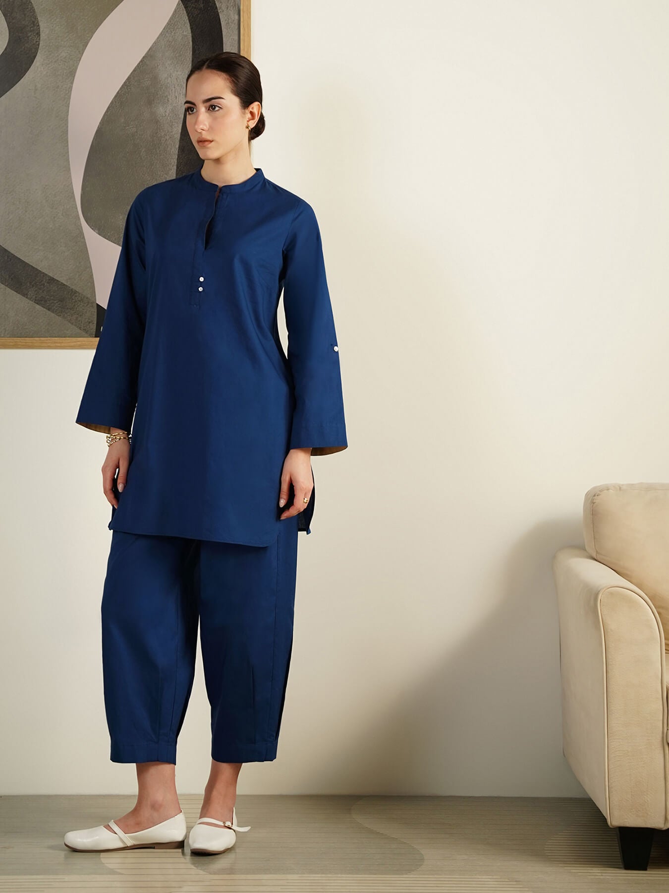 Cotton Solid Regular Fit Co-Ord Set - Blue