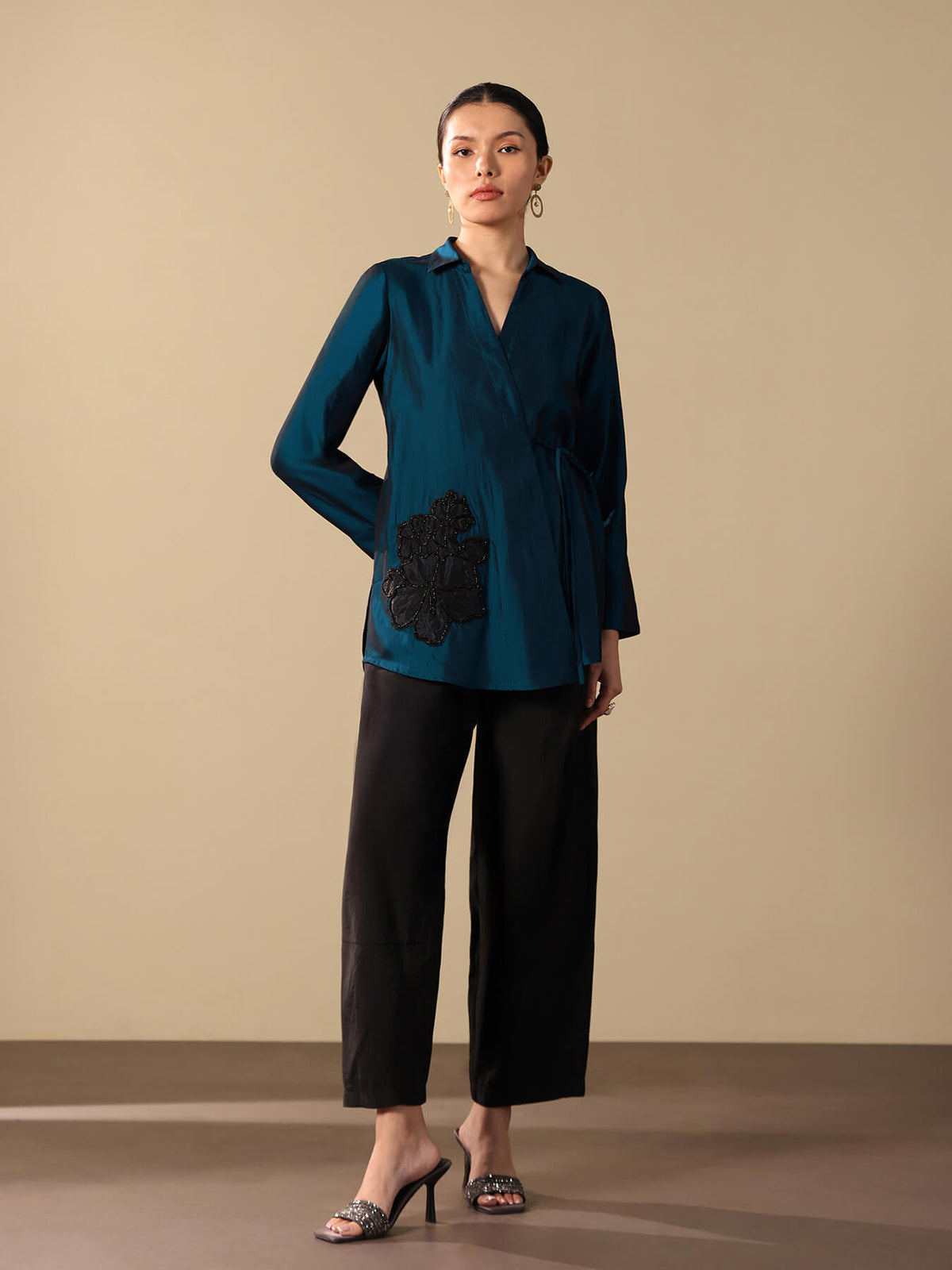 Viscose Silk Embroidered Patch Detail Co-ord Set - Teal