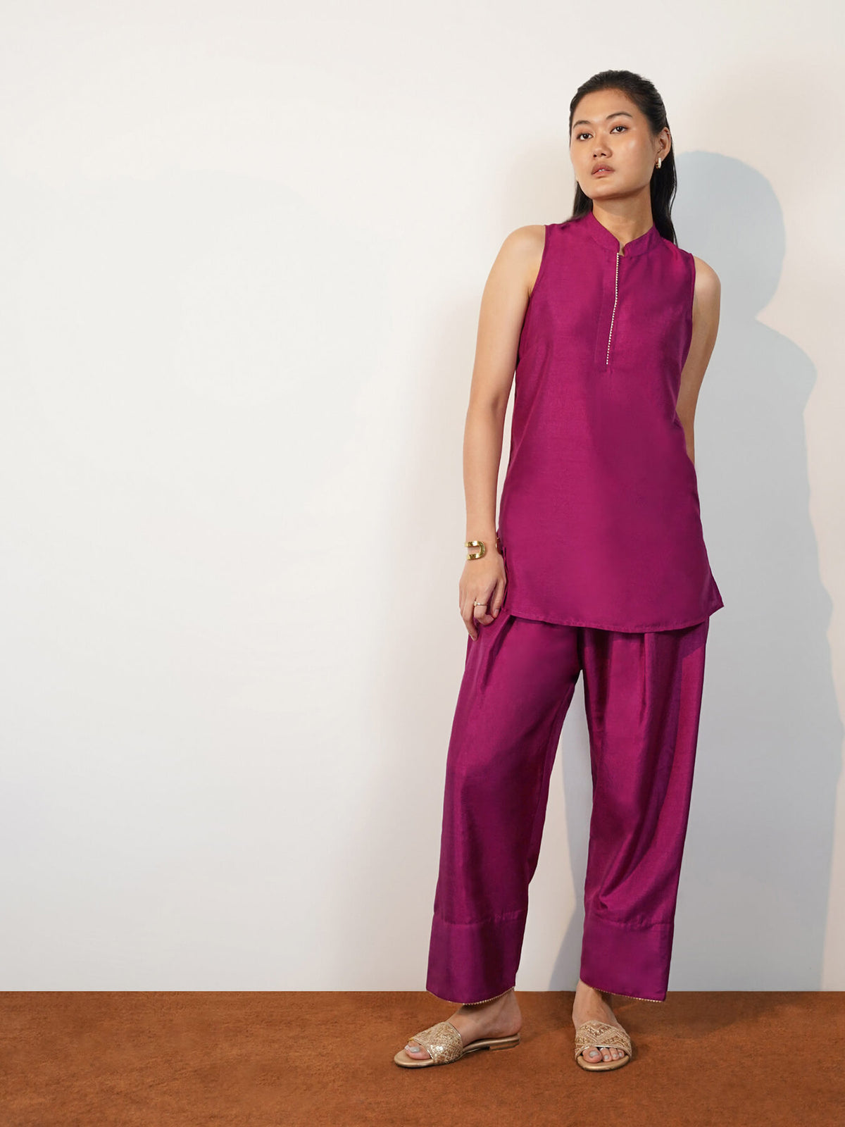 Silk Blend Solid Co-Ord Set with Farshi Salwar - Purple