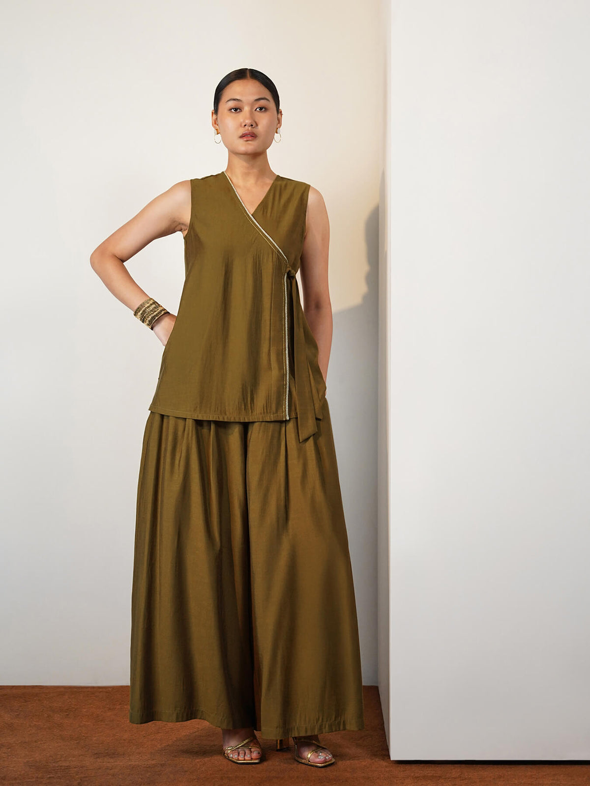 Viscose Silk Solid Co-ord Set - Olive
