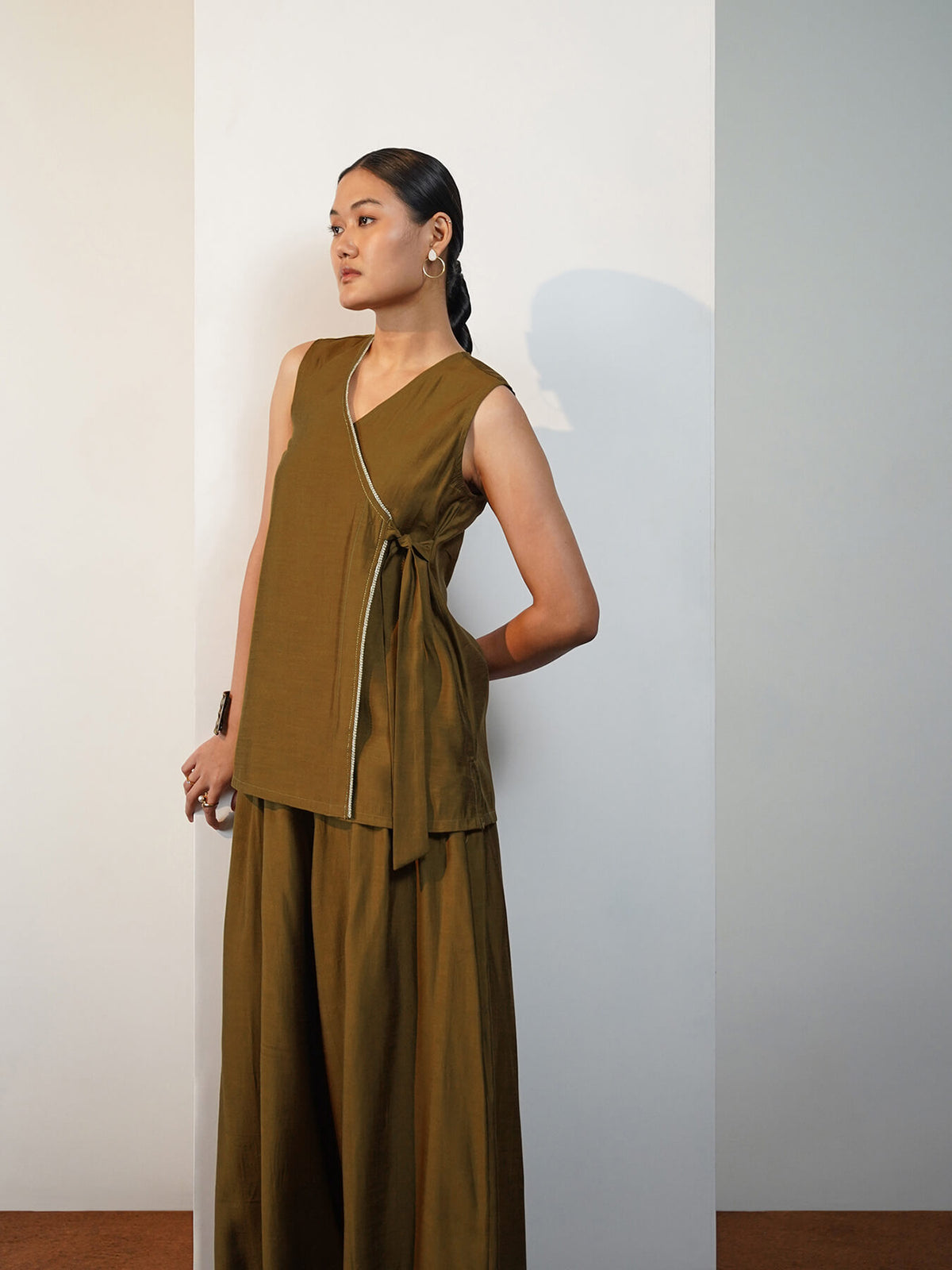 Viscose Silk Solid Co-ord Set - Olive