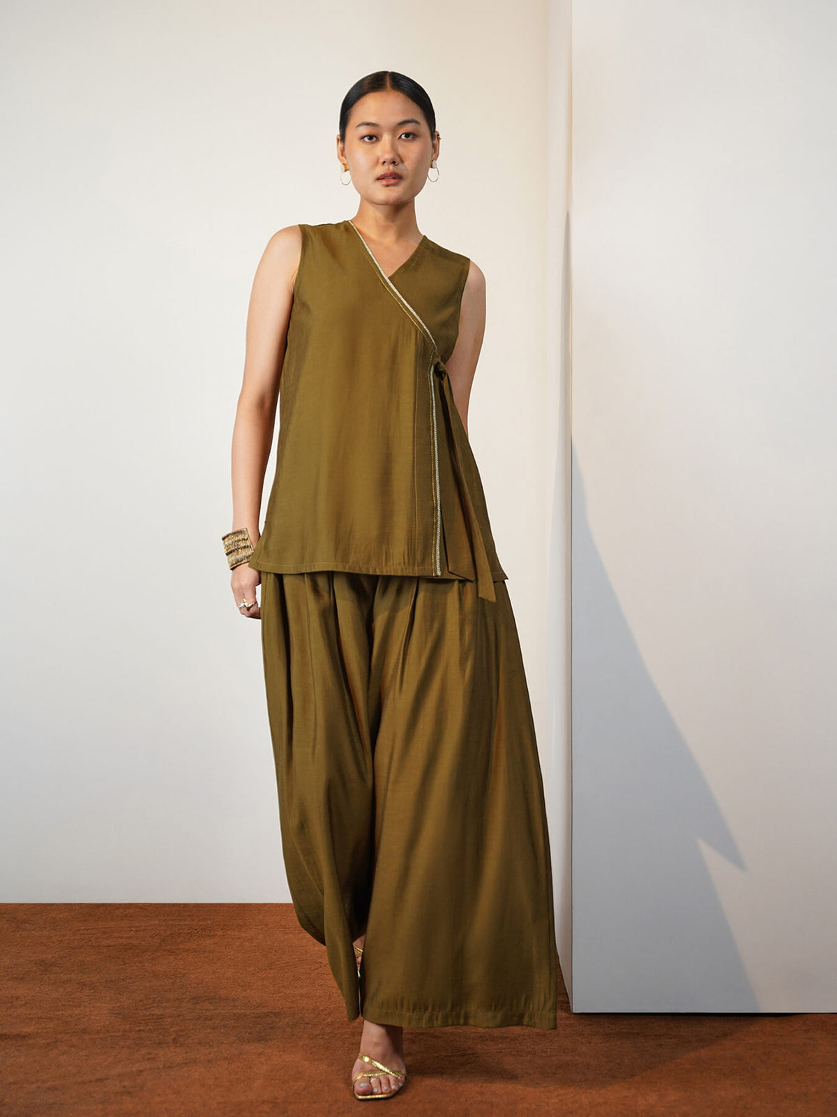 Viscose Silk Solid Co-ord Set - Olive