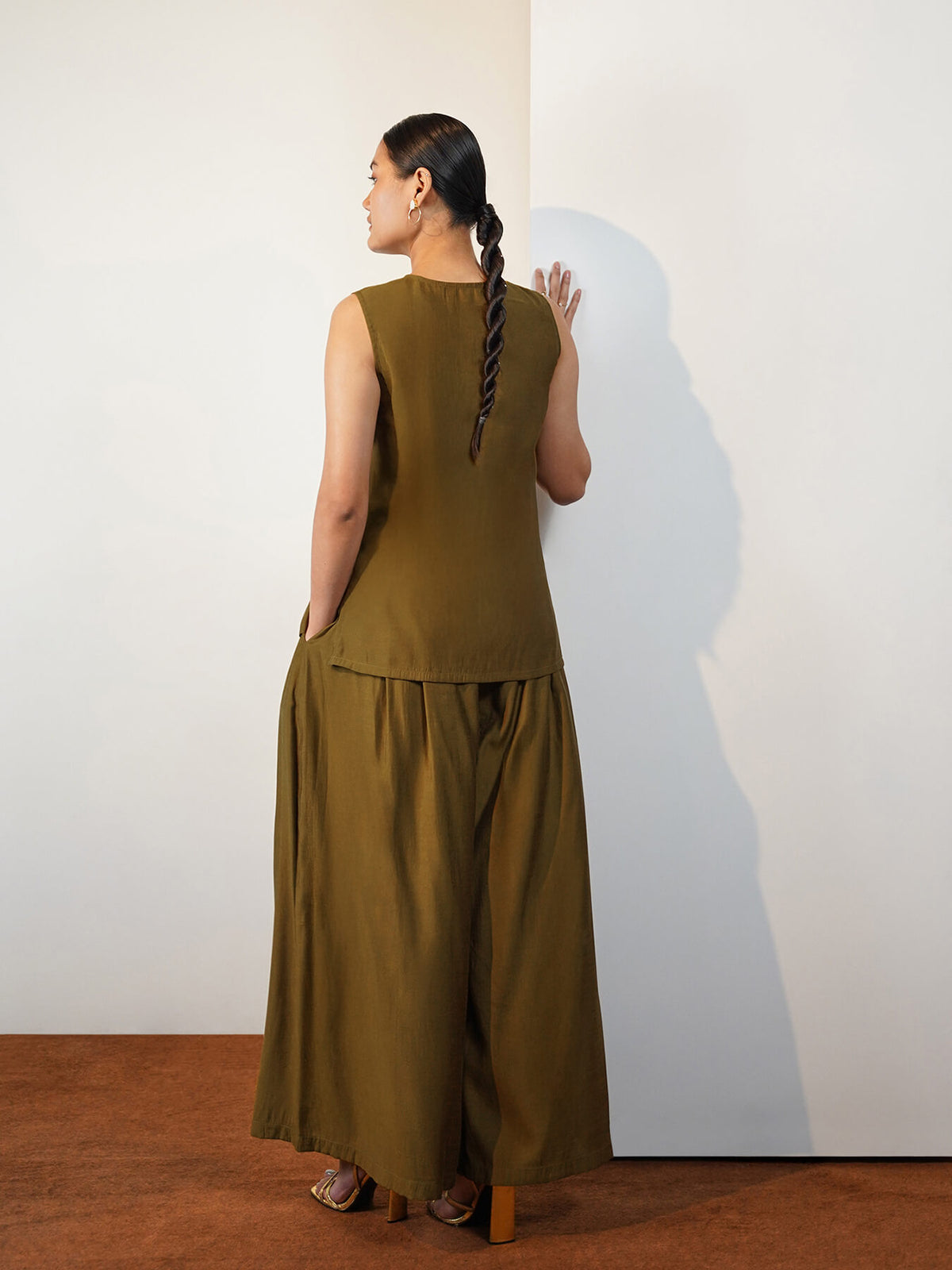 Viscose Silk Solid Co-ord Set - Olive