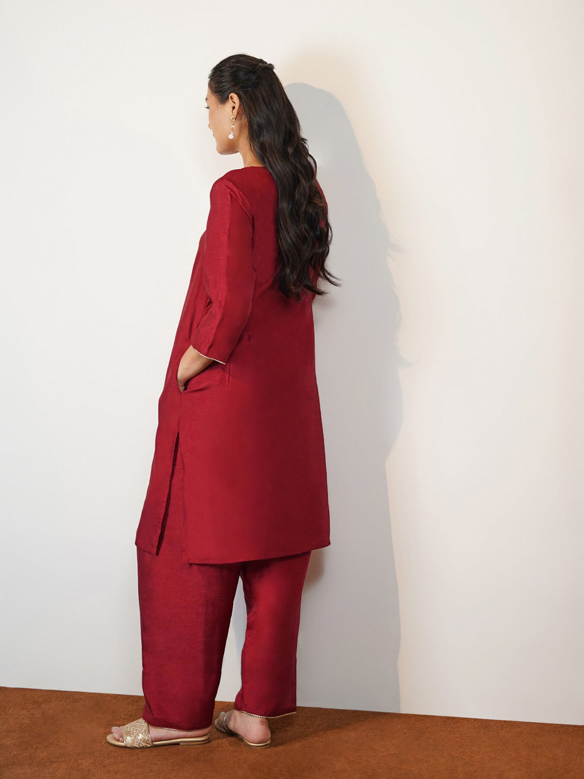 Silk Blend Solid Co-Ord Set with Farshi Salwar - Maroon