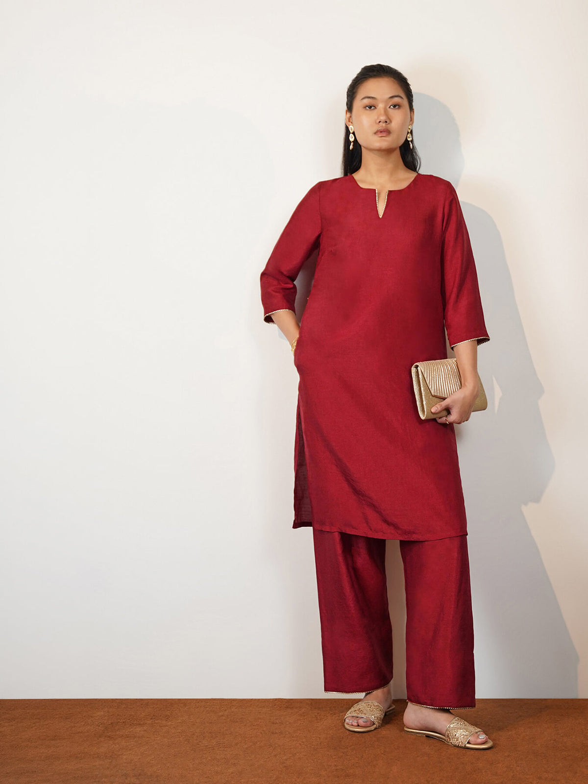 Silk Blend Solid Co-Ord Set with Farshi Salwar - Maroon
