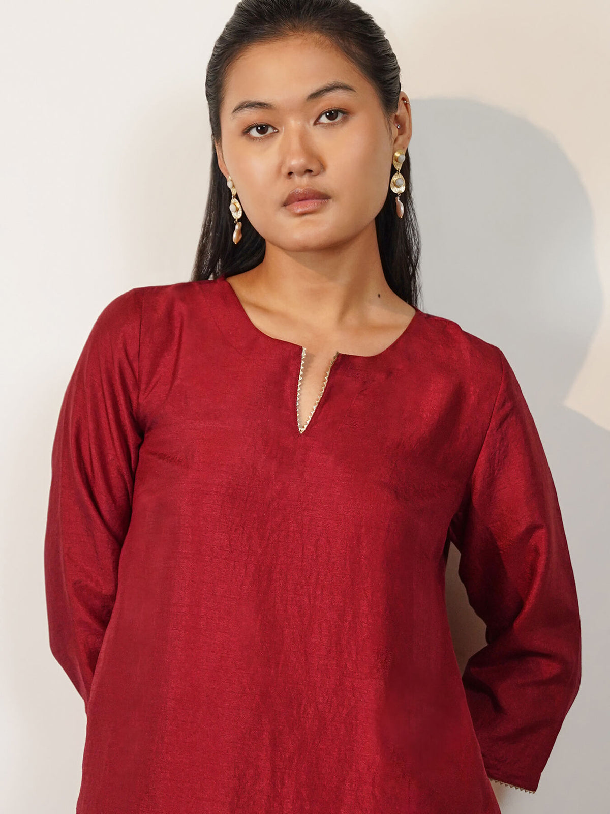 Silk Blend Solid Co-Ord Set with Farshi Salwar - Maroon
