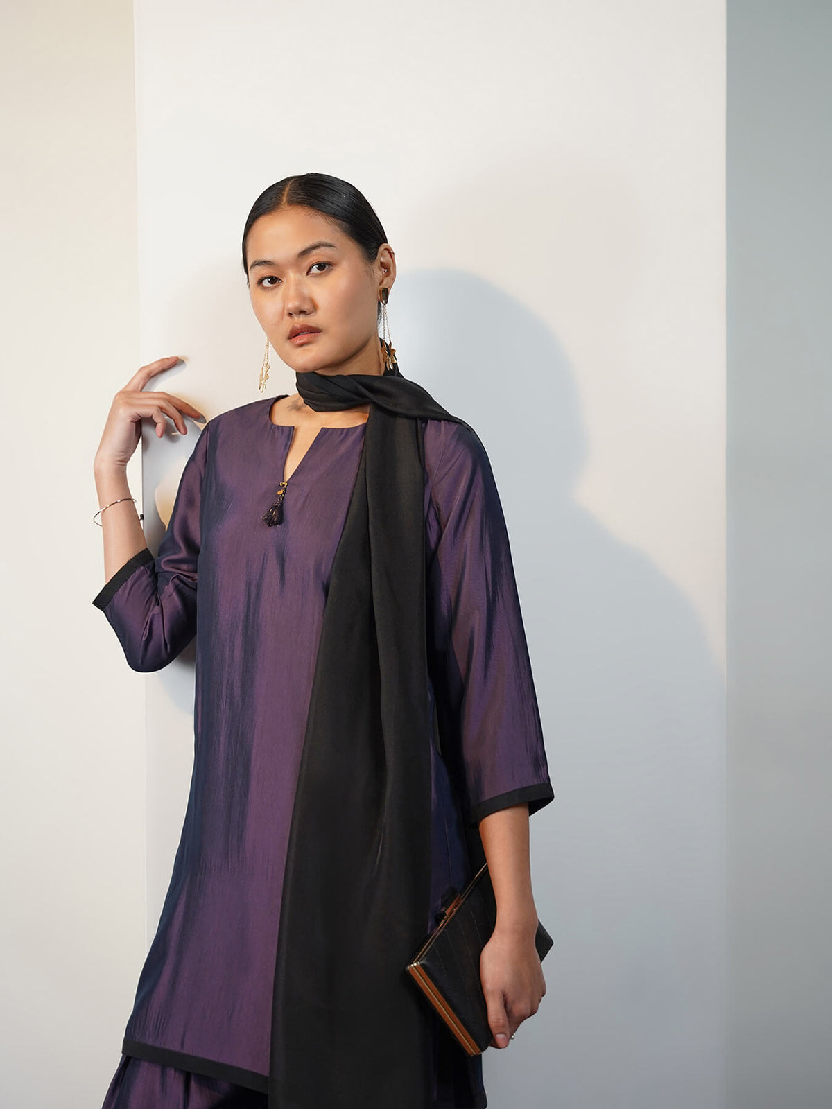 Viscose Silk Solid Colourblock Co-ord Set with Dupatta - Purple & Black