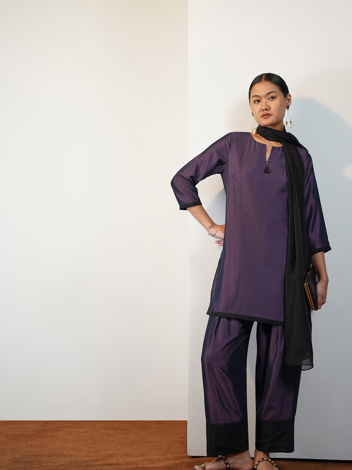Viscose Silk Solid Colourblock Co-ord Set with Dupatta - Purple & Black