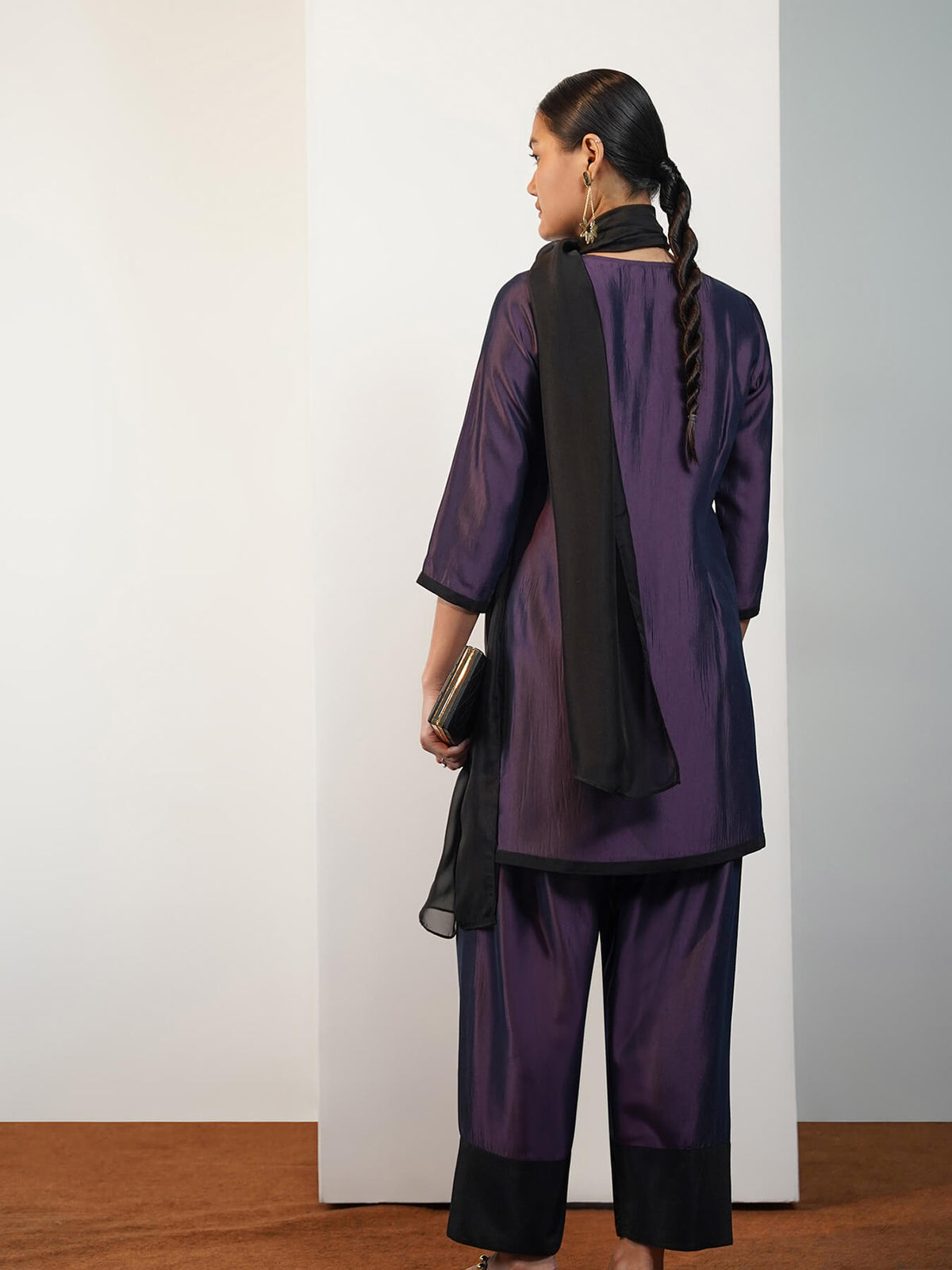 Viscose Silk Solid Colourblock Co-ord Set with Dupatta - Purple & Black