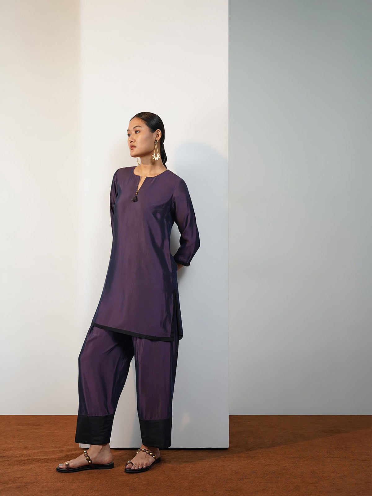 Viscose Silk Solid Colourblock Co-ord Set with Dupatta - Purple & Black