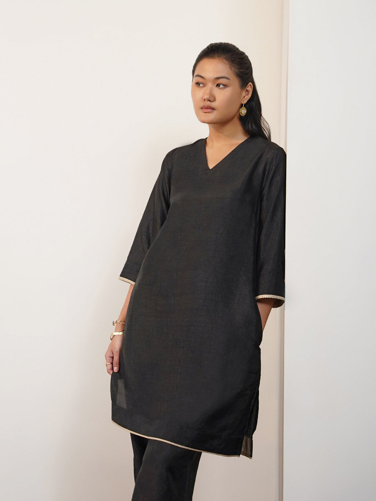 Silk Blend Solid V-Neck Co-Ord Set - Black