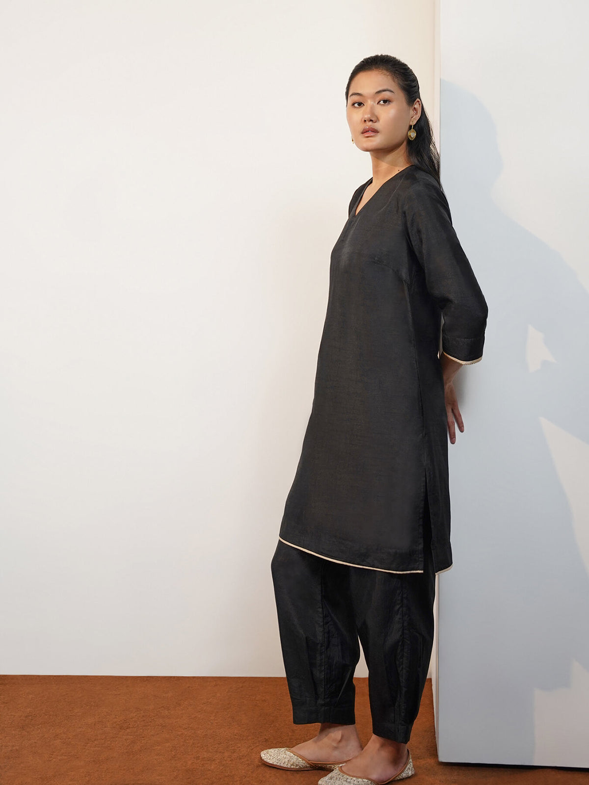 Silk Blend Solid V-Neck Co-Ord Set - Black