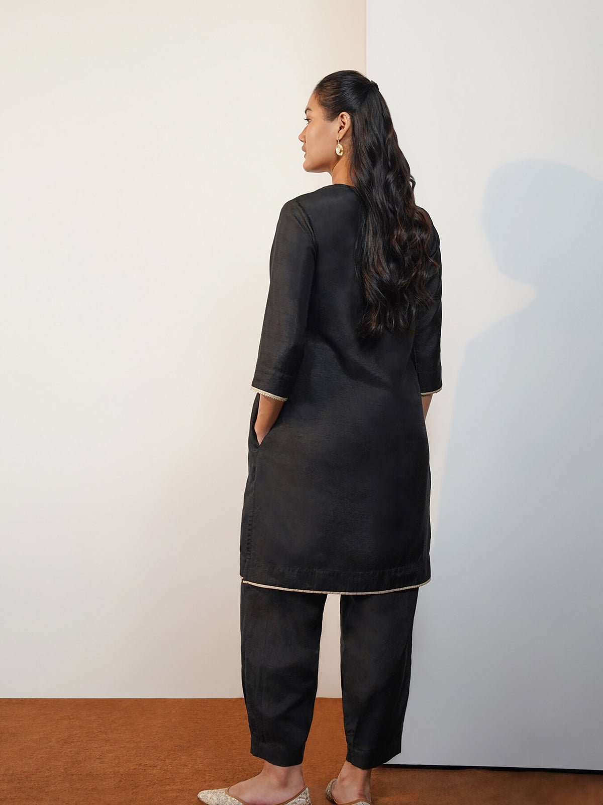 Silk Blend Solid V-Neck Co-Ord Set - Black