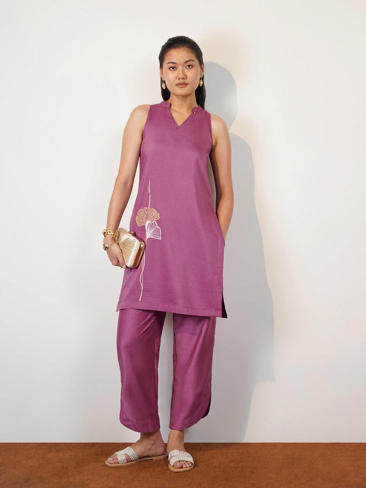 Silk Blend Placement Floral Print Co-ord Set - Lavender