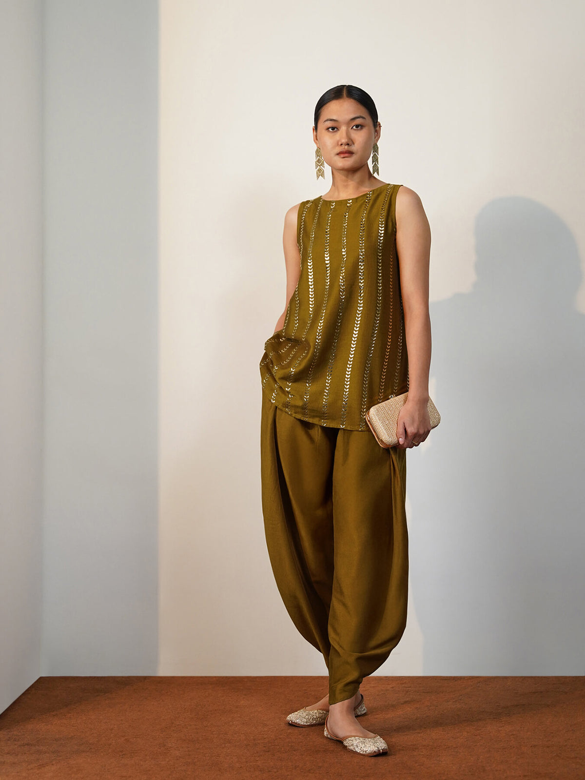 Viscose Silk Embroidered Stripe Co-ord Set with Dhoti Pants - Mustard & Gold