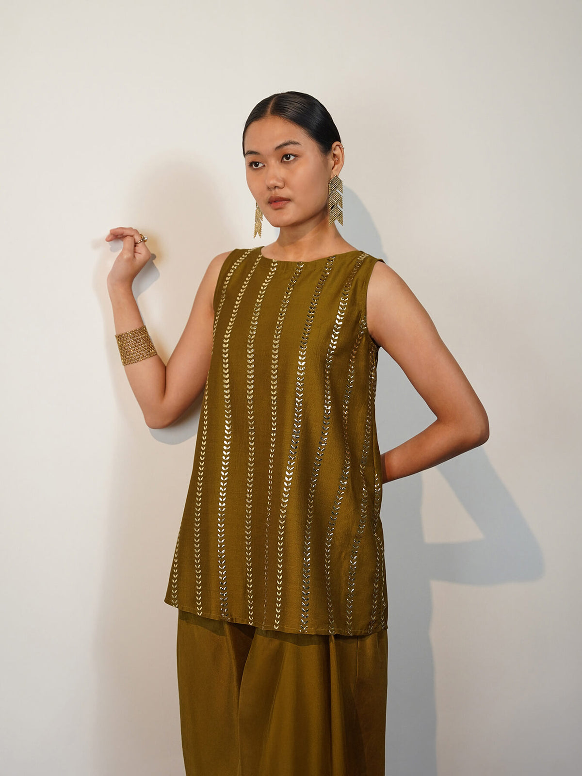 Viscose Silk Embroidered Stripe Co-ord Set with Dhoti Pants - Mustard & Gold