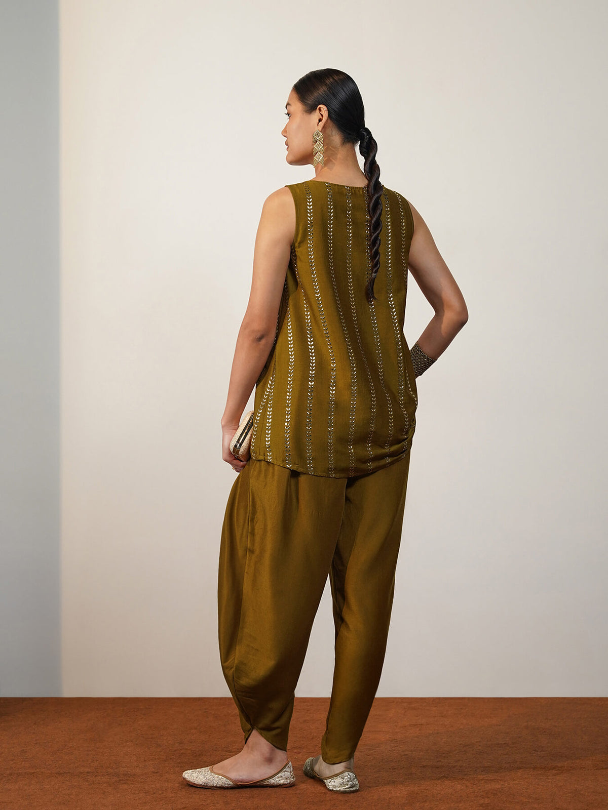 Viscose Silk Embroidered Stripe Co-ord Set with Dhoti Pants - Mustard & Gold