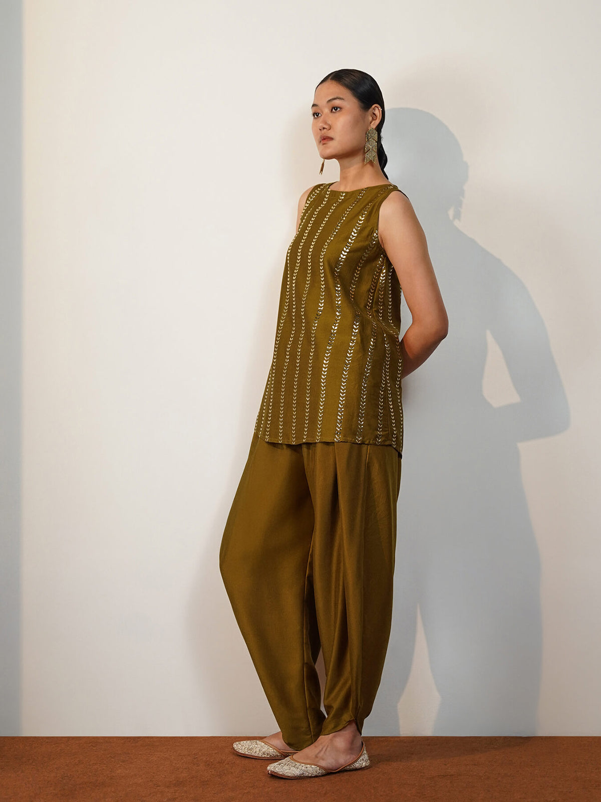 Viscose Silk Embroidered Stripe Co-ord Set with Dhoti Pants - Mustard & Gold