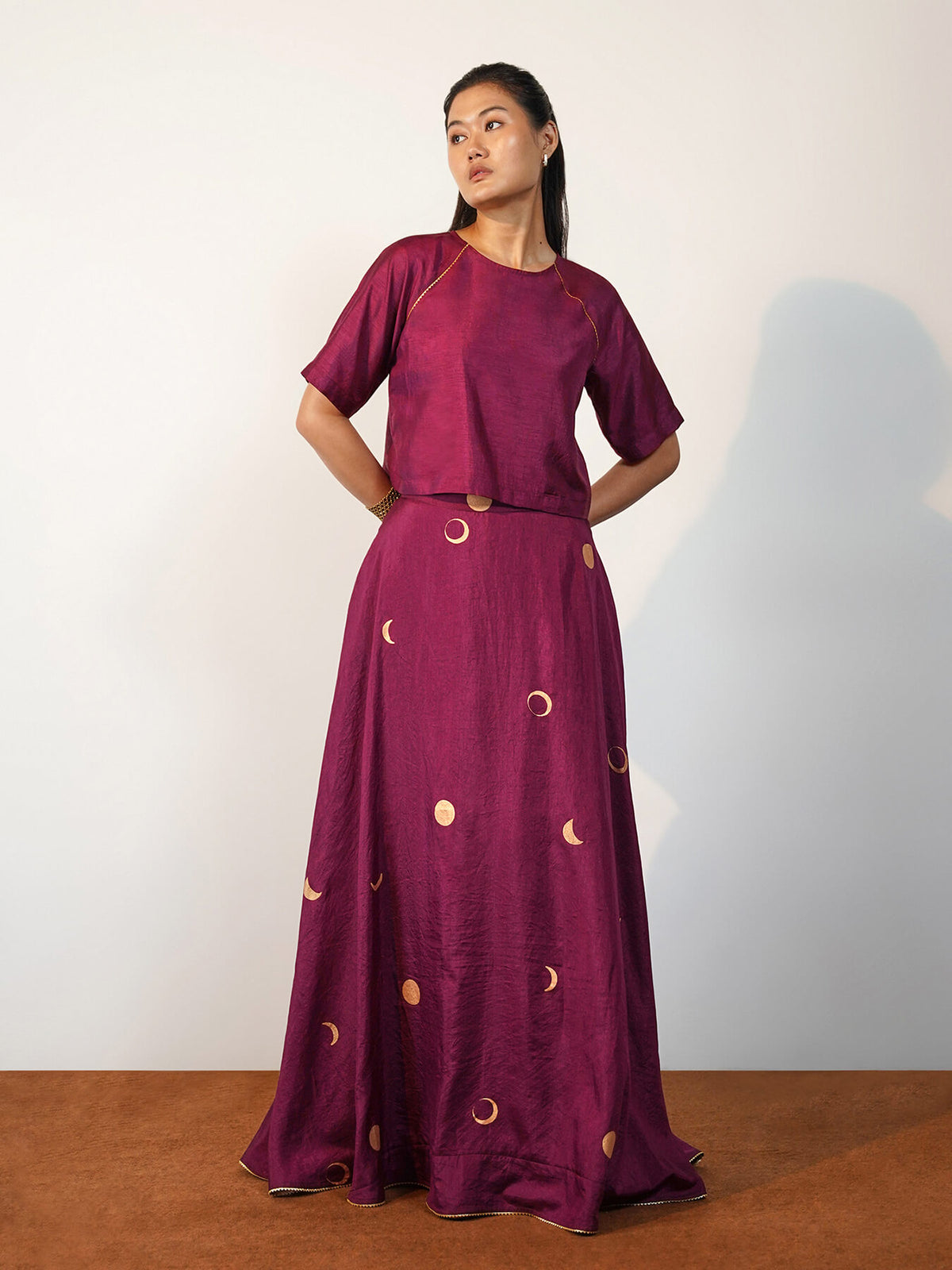Silk Blend Geometric Co-ord Set - Burgundy