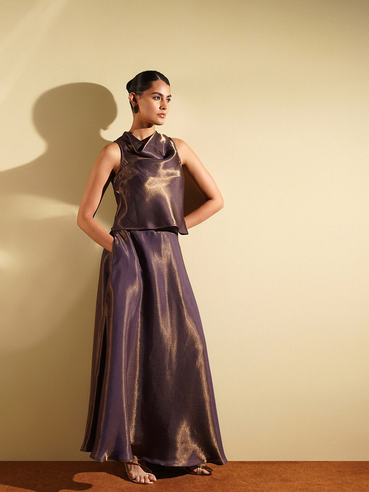 Viscose Silk Solid Cowl Neck Skirt Set - Purple