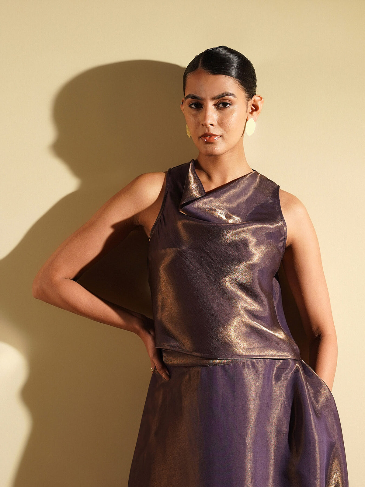 Viscose Silk Solid Cowl Neck Skirt Set - Purple