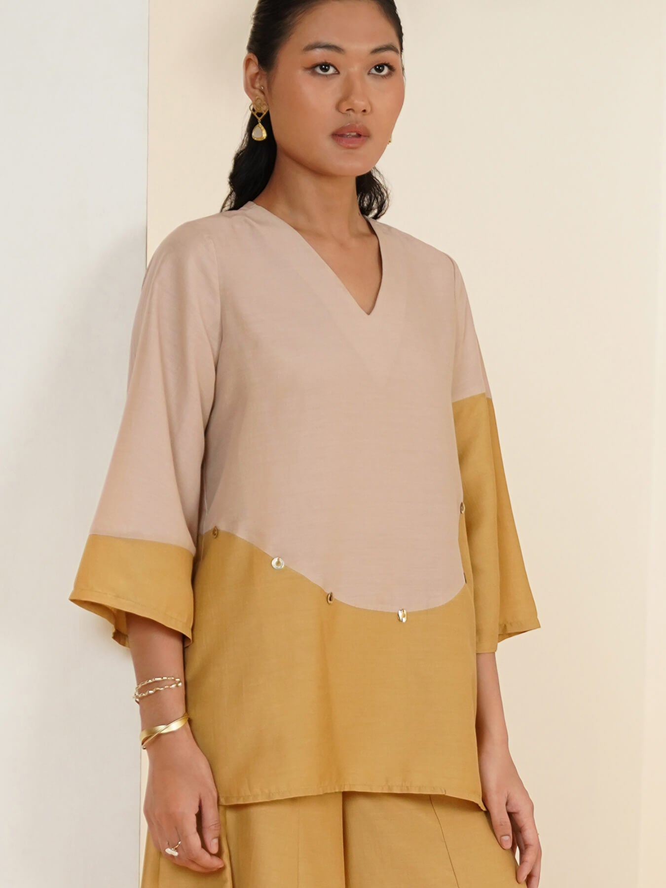 Silk Blend Colourblock Co-ord Set - Beige & Yellow