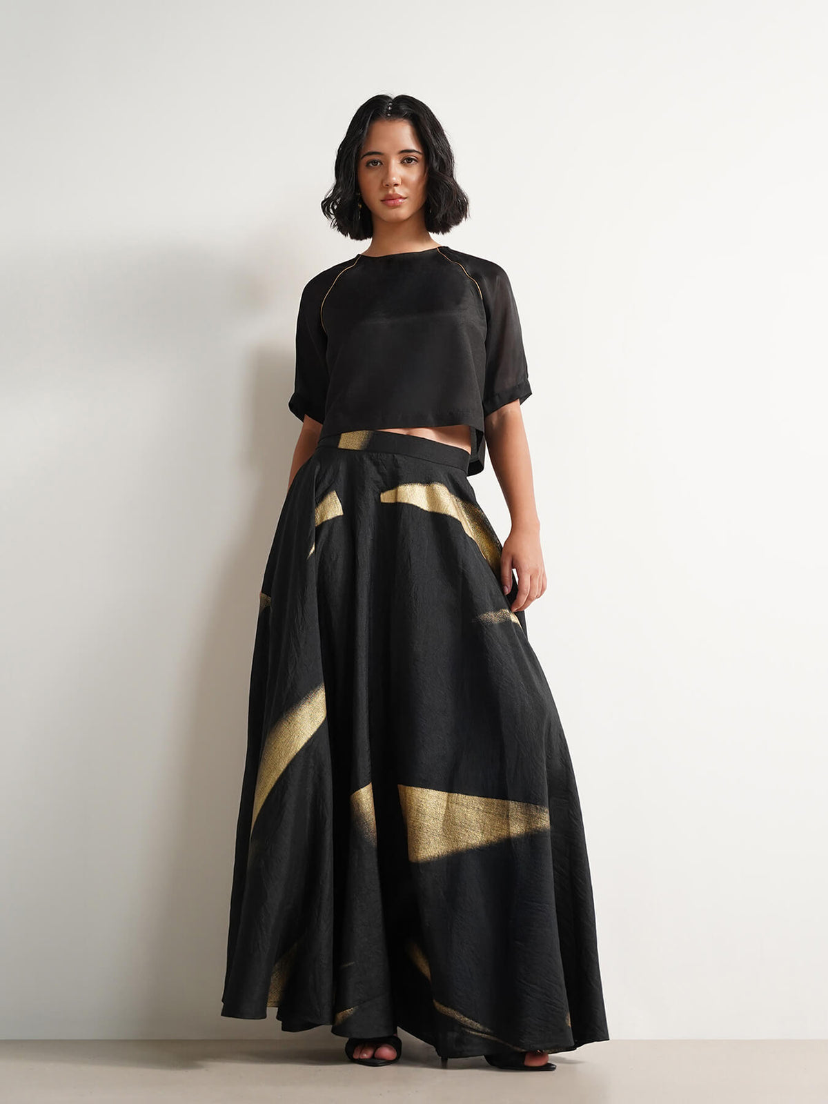 Silk Blend Geometric Print Skirt Set - Black and Gold