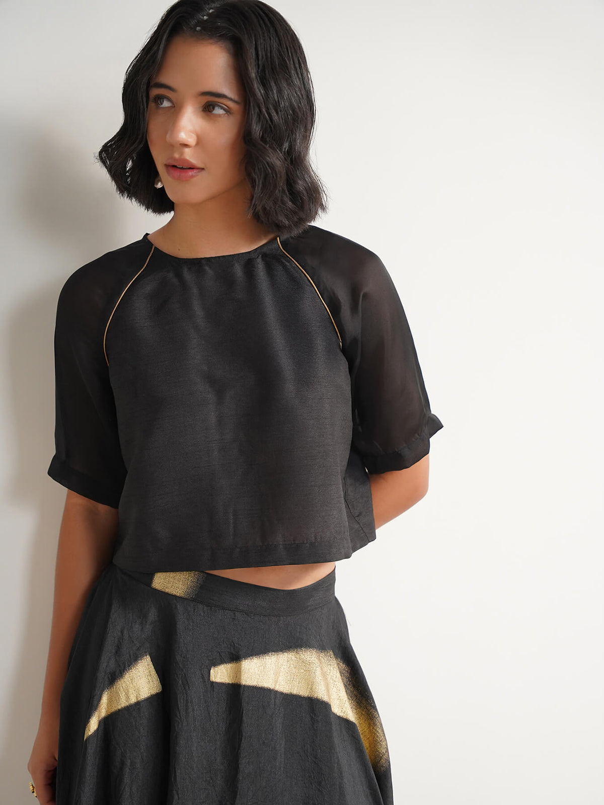 Silk Blend Geometric Print Skirt Set - Black and Gold