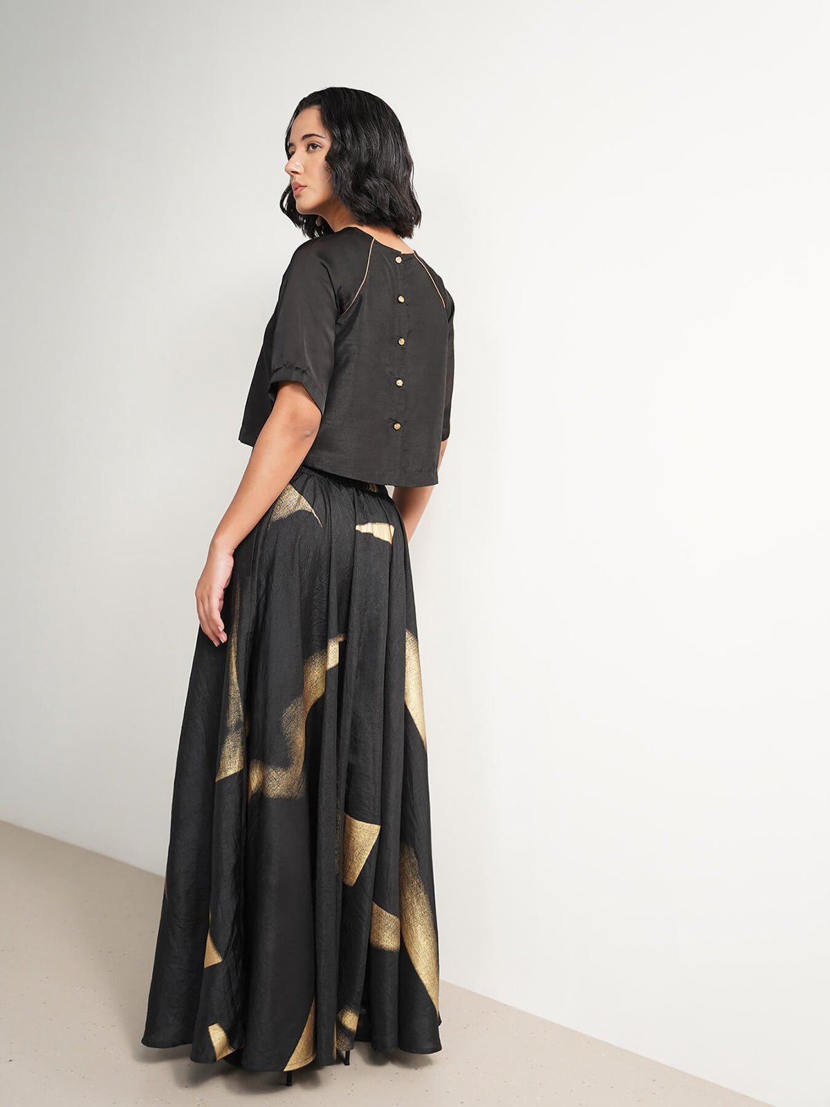 Silk Blend Geometric Print Skirt Set - Black and Gold