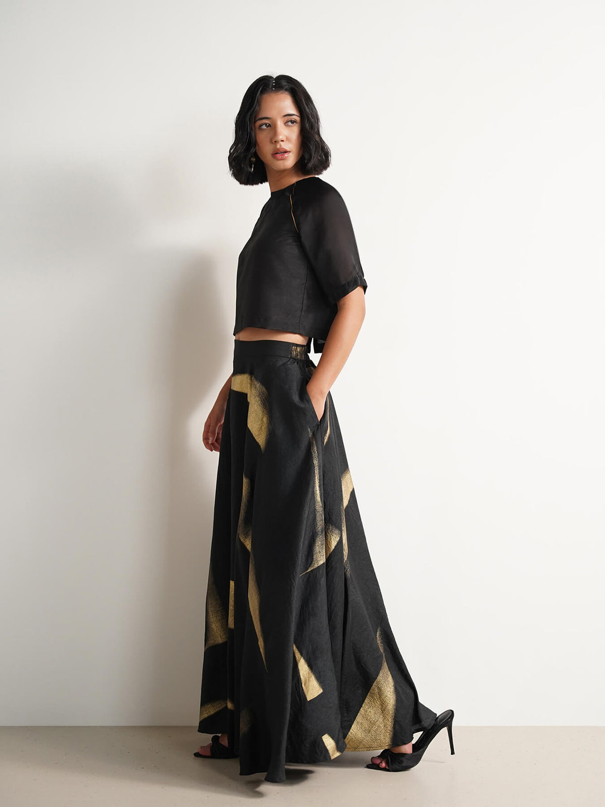 Silk Blend Geometric Print Skirt Set - Black and Gold
