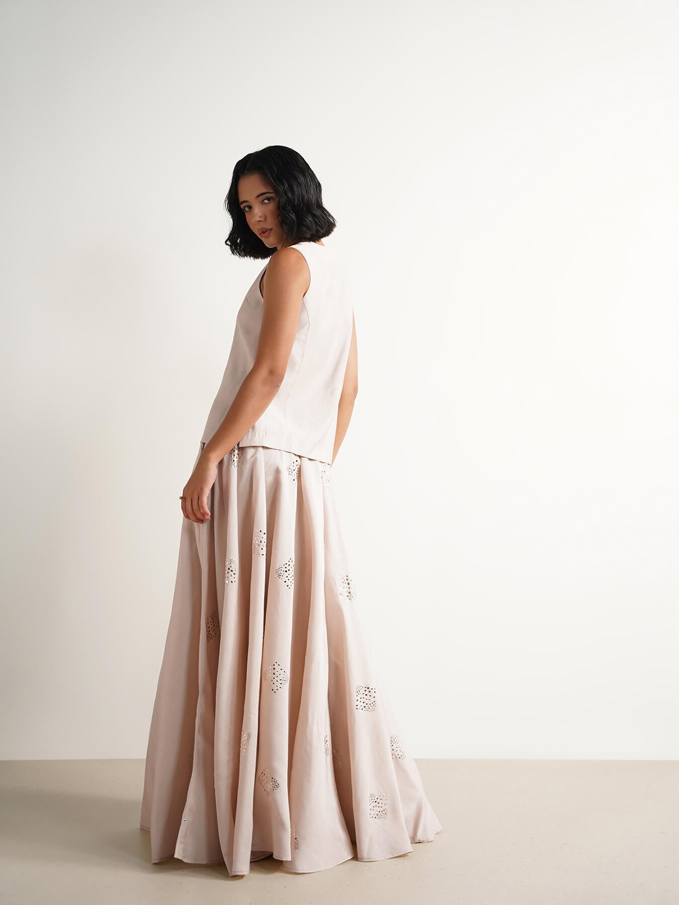 Silk Blend Geometric Print Skirt Set - Beige & Gold