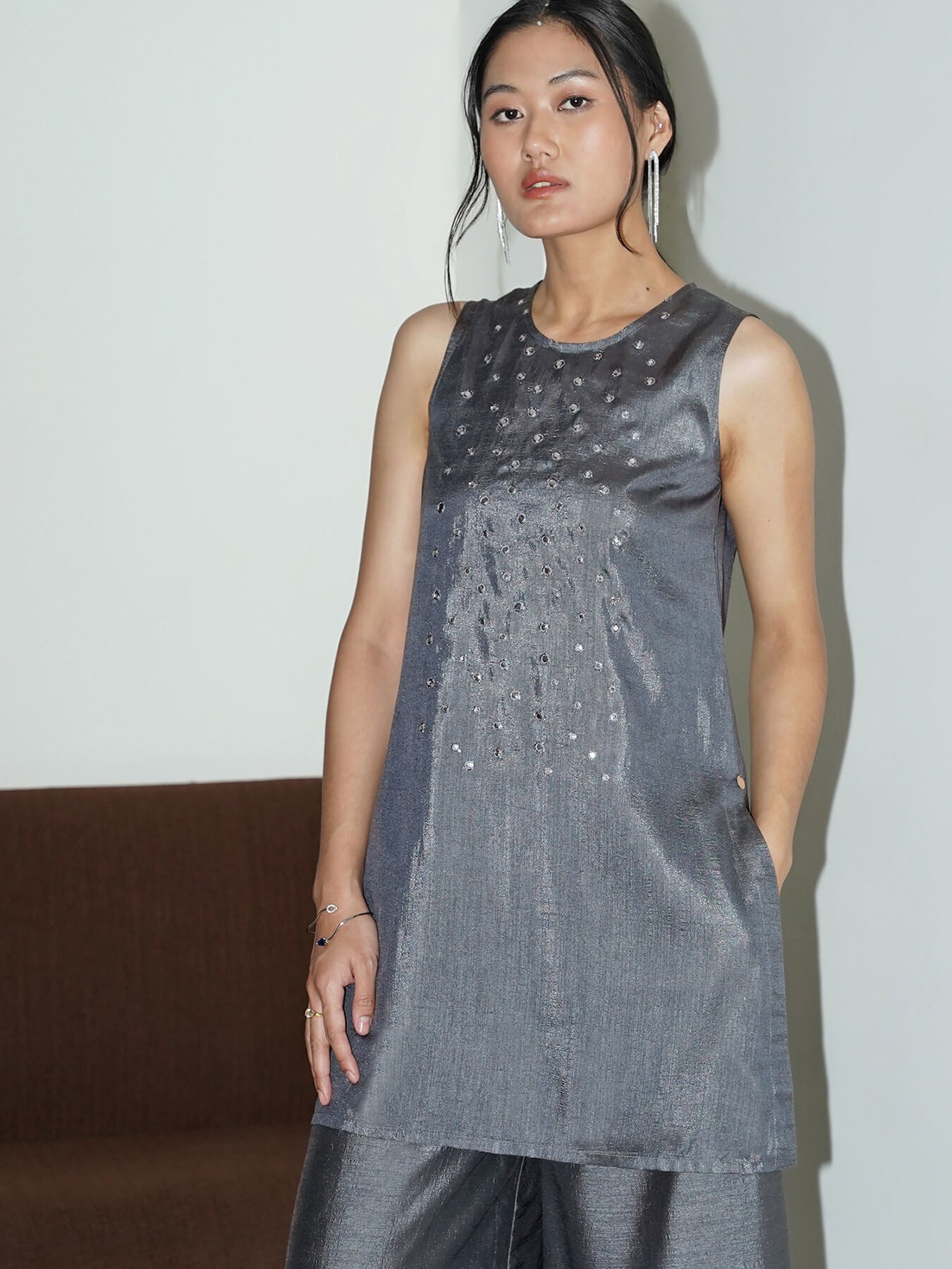 Silk Blend Embroidered Co-ord Set - Grey