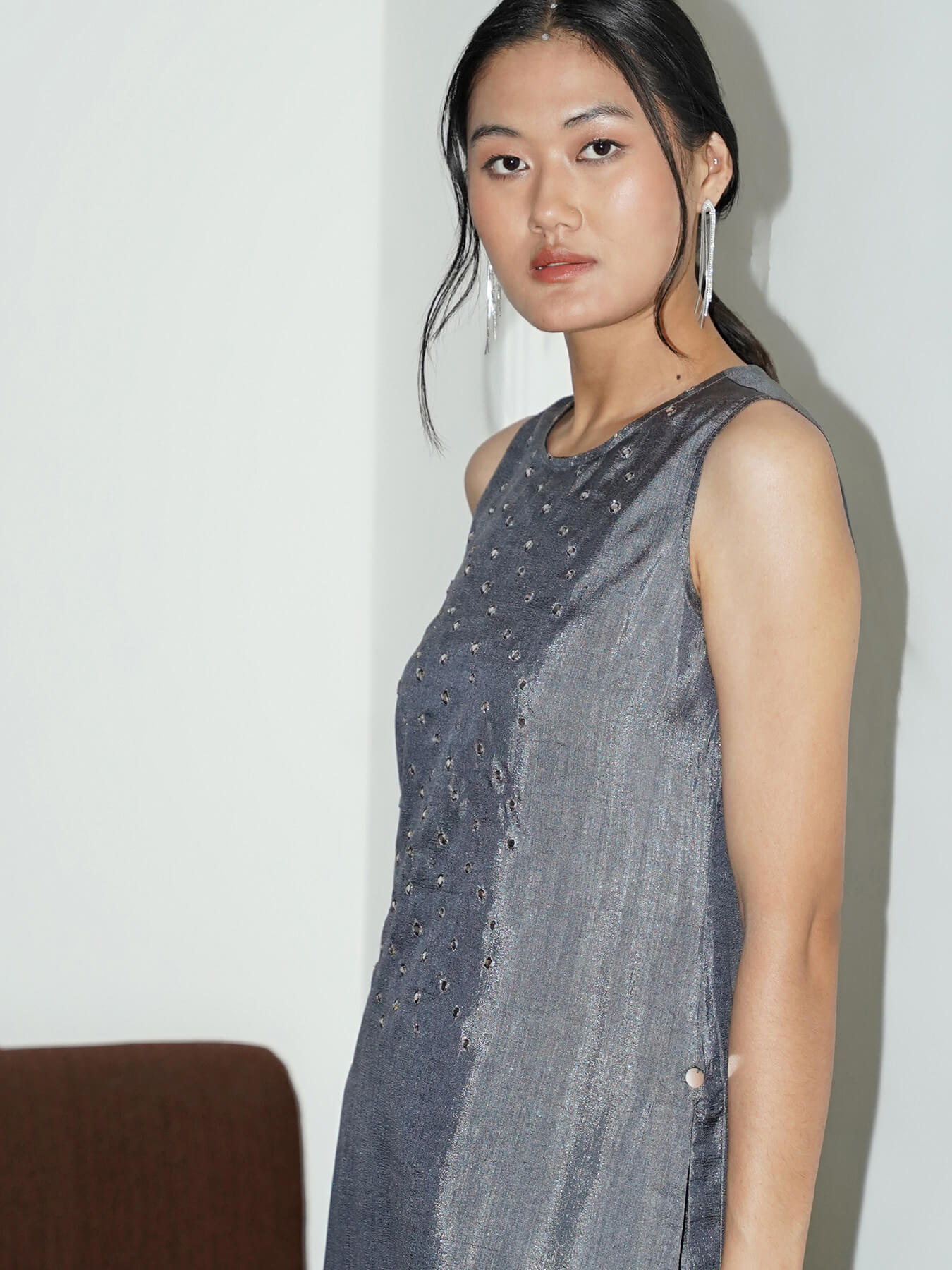 Silk Blend Embroidered Co-ord Set - Grey