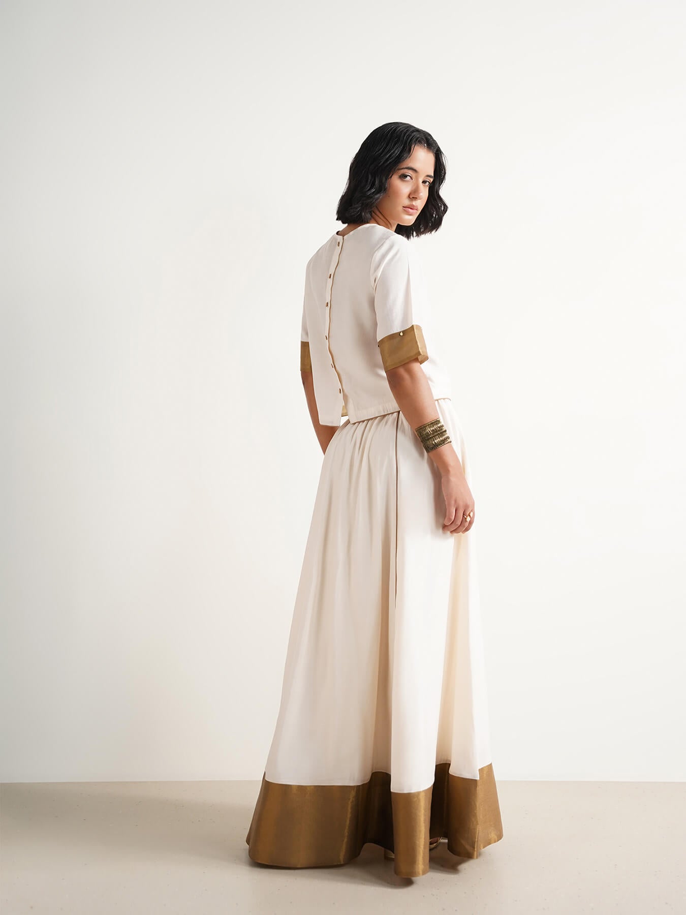 Viscose Gold Statement Print Skirt Set - Off White and Gold