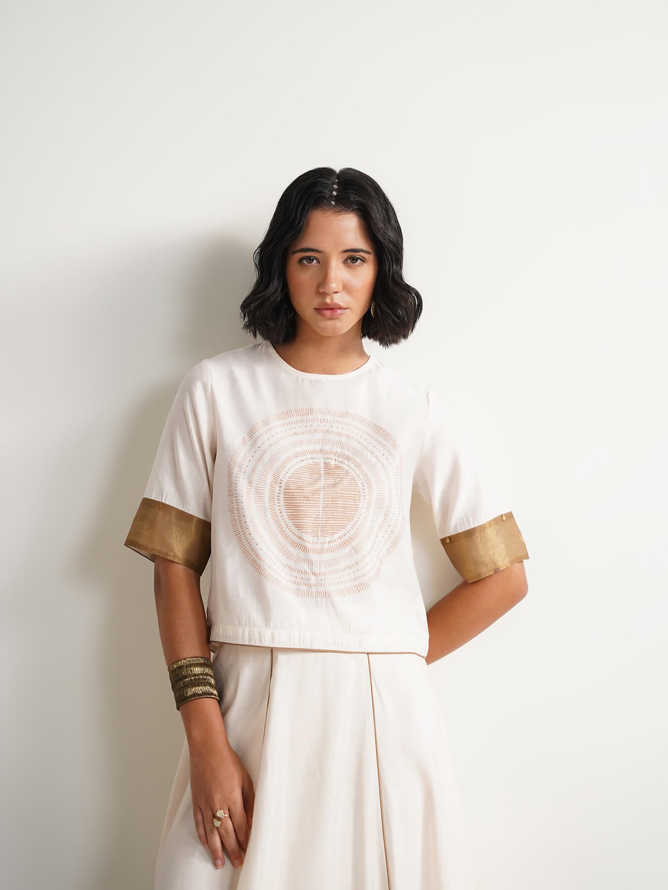 Viscose Gold Statement Print Skirt Set - Off White and Gold