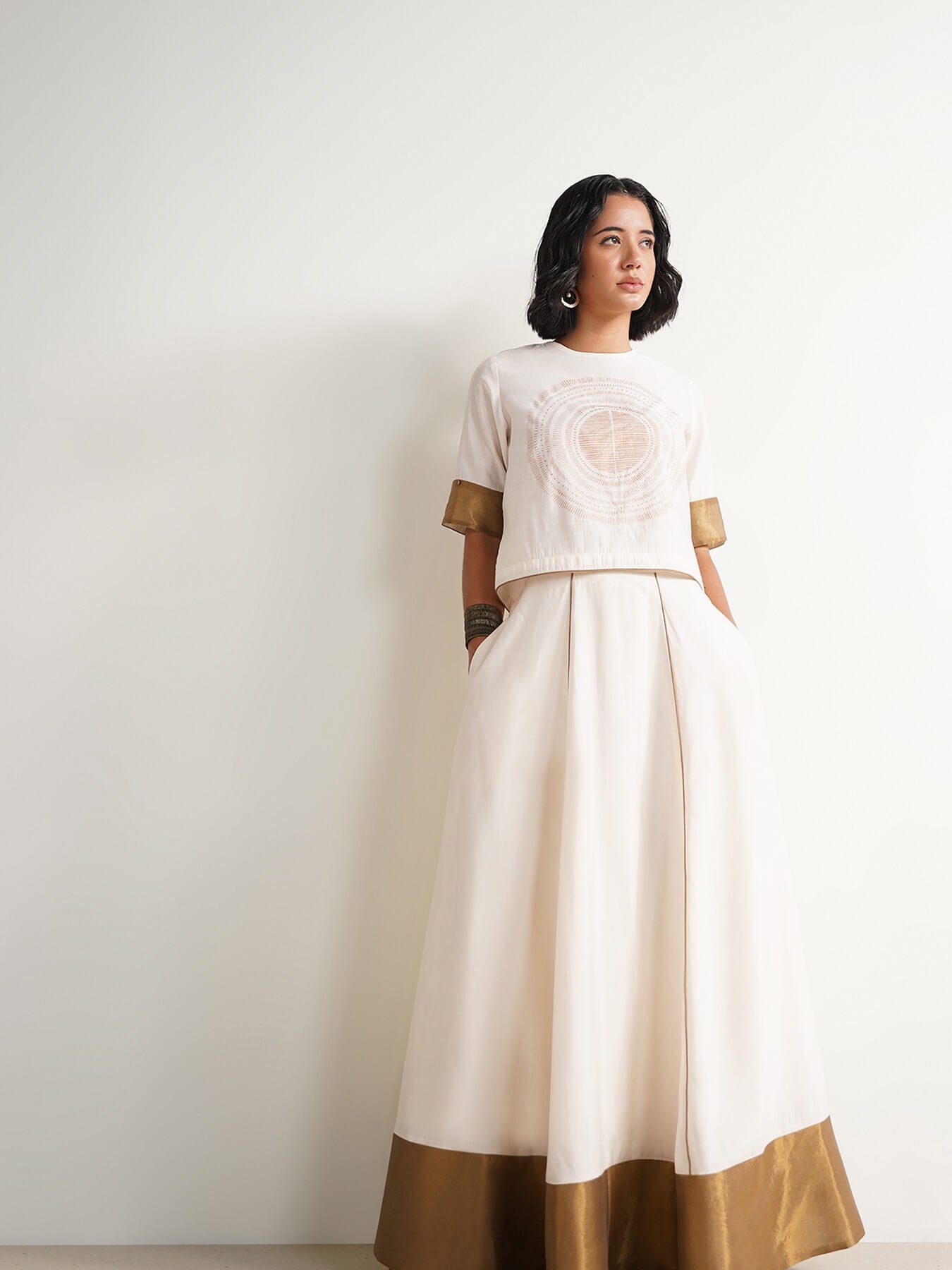 Viscose Gold Statement Print Skirt Set - Off White and Gold