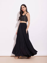 Cotton Lurex Gold Striped Skirt Set - Black