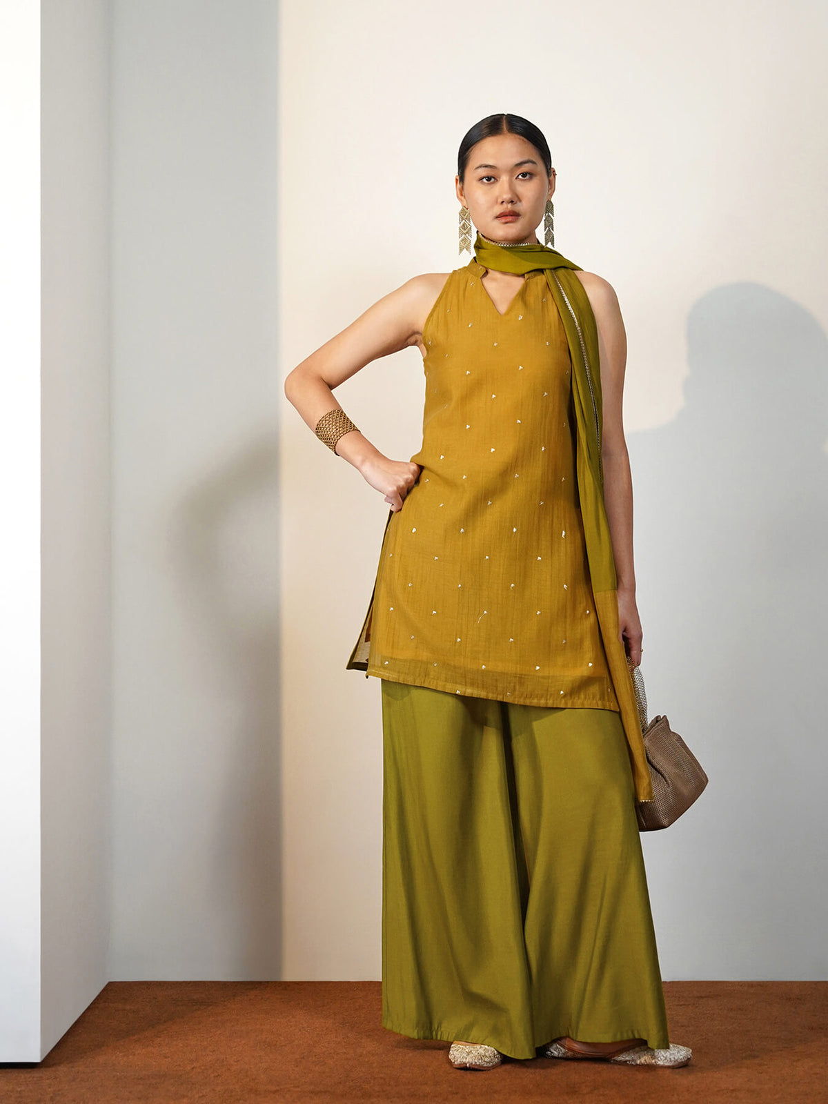 Viscose Silk Embroidered Co-ord Set with Dupatta - Yellow & Green