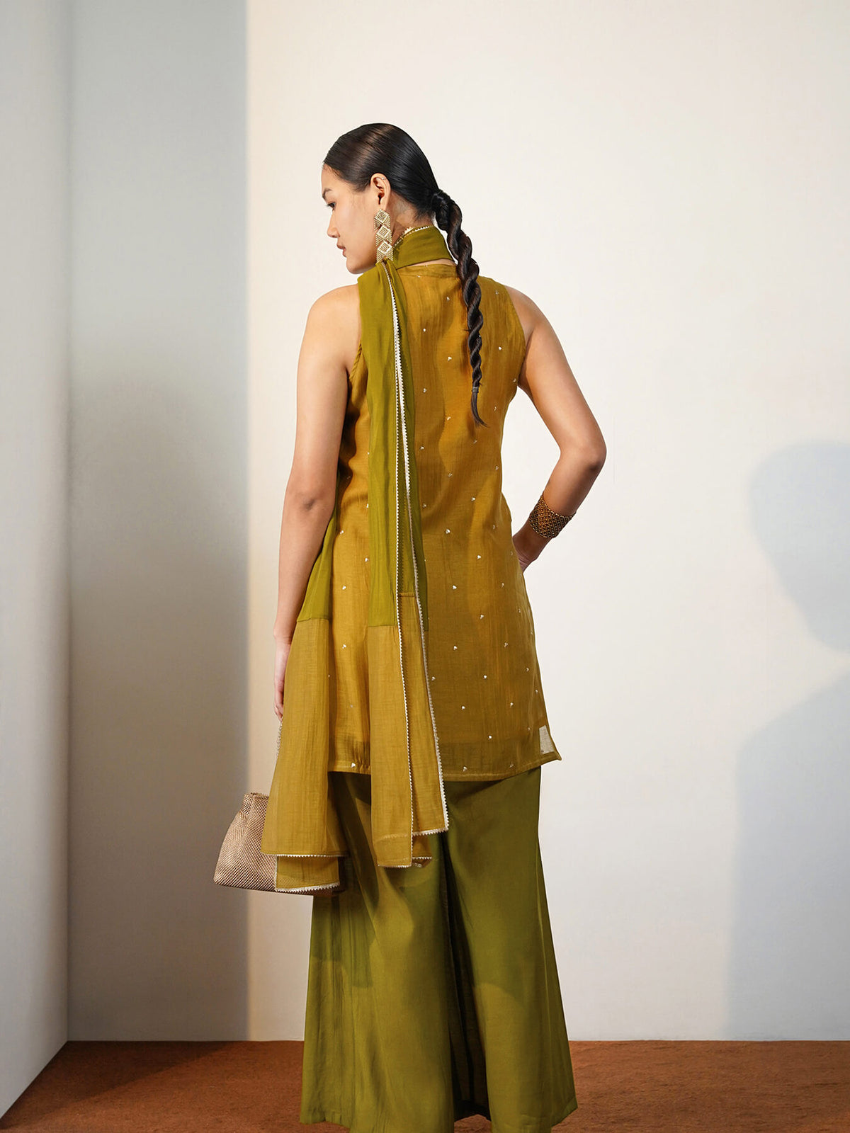 Viscose Silk Embroidered Co-ord Set with Dupatta - Yellow & Green