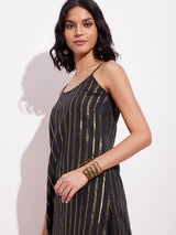 Cotton Lurex Gold Striped Co-ord Set - Black