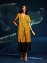 Colour Block Silk Blend A-line Dress - Yellow & Black