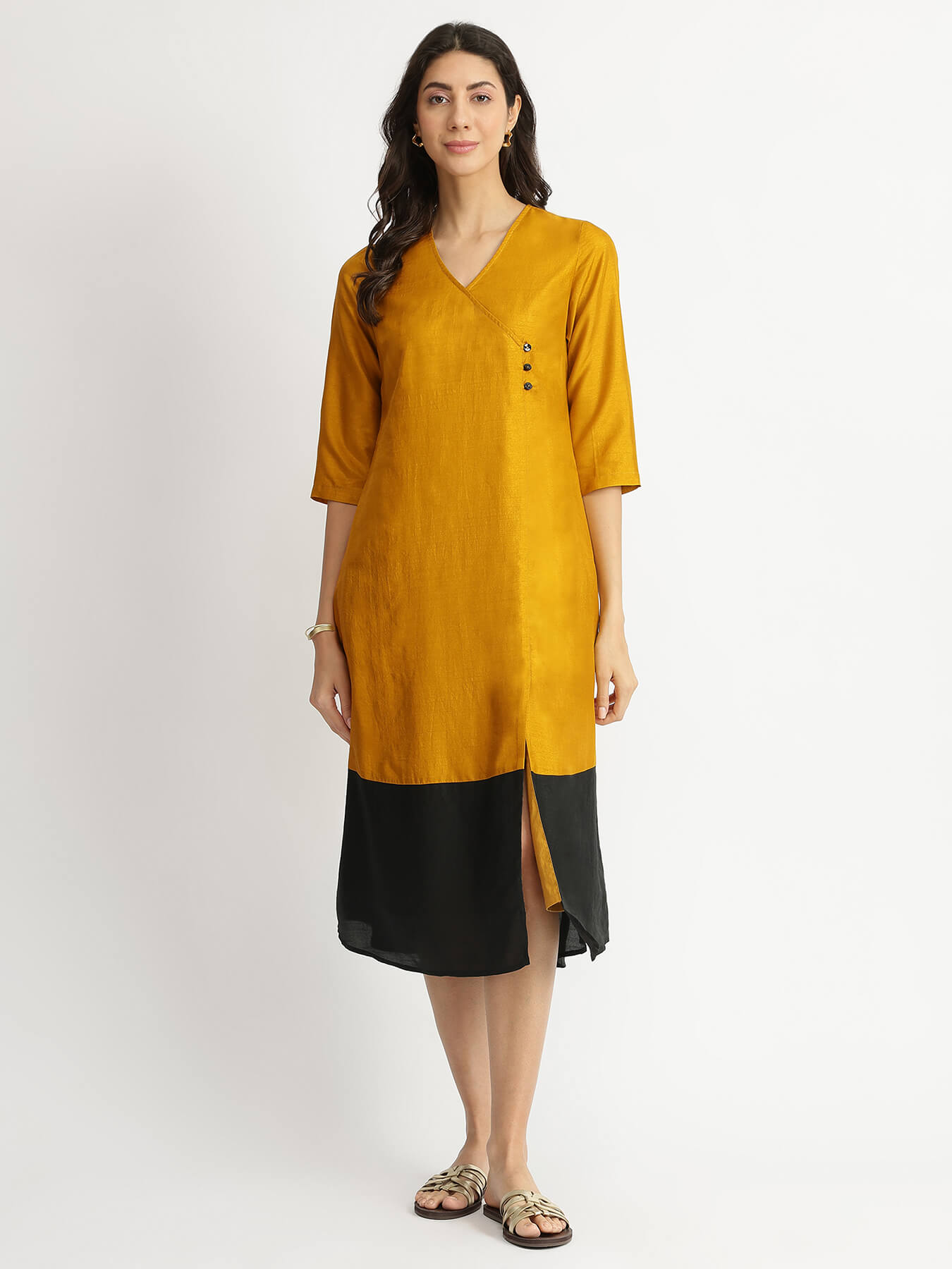 Colour Block Silk Blend A-line Dress - Yellow & Black