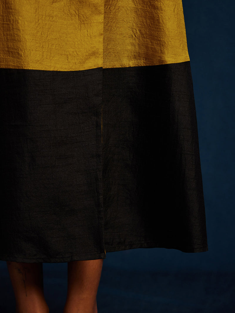 Colour Block Silk Blend A-line Dress - Yellow & Black