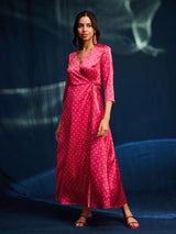 Satin Bandhani Wrap Dress - Pink