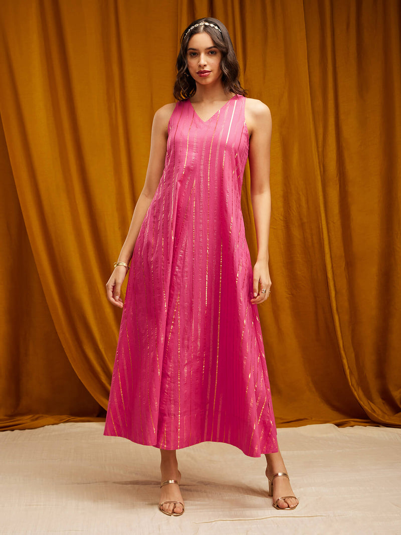Sleeveless Gold Striped Lurex A-line Dress - Pink