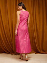Sleeveless Gold Striped Lurex A-line Dress - Pink
